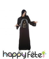 Longue tunique noire motif tête de mort à cagoule