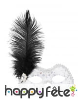 Loup vénitien blanc strass avec plume noire, image 1