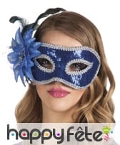 Loup vénitien bleu pailleté et argent avec fleur