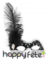 Loup vénitien noir strass avec plume noire, image 1