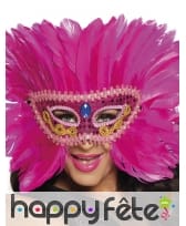 Loup vénitien rose avec plumes et galons dorés