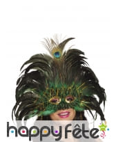 Loup vénitien vert avec plumes de paon pour adulte