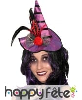 Mini chapeau violet de sorcière plumes et fleurs
