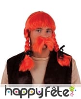 Moustache et perruque orange avec tresses, adulte