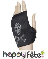 Mitaine noire avec tête de mort en strass