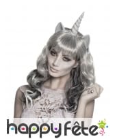 Perruque grise de licorne avec corne pour adulte