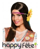 Perruque hippie longs cheveux bruns fleuris