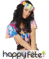 Perruque Hawaïenne noire avec couronne de fleurs