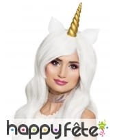 Perruque longue blanche de licorne avec corne