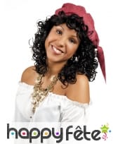 Perruque noire bouclée avec bandana, femme pirate