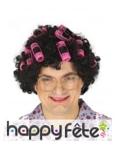 Perruque noire de mamie avec bigoudis