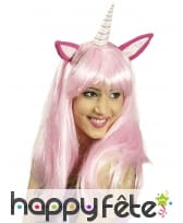 Perruque rose de licorne avec oreilles et corne, image 2