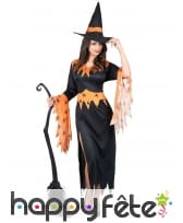 Robe de sorcière noire et orange motifs araignées