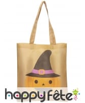 Sac à bonbons beige imprimé citrouille 43cm