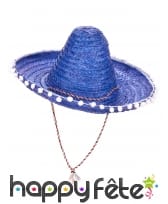 Sombrero bleu contours en pompons blancs