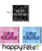 Serviettes Happy Birthday bleues, noires ou roses