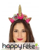 Serre-tête licorne rose et corne torsadée effet or