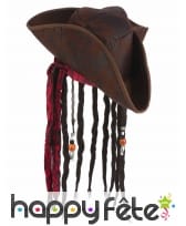 Tricorne marron de pirate avec cheveux