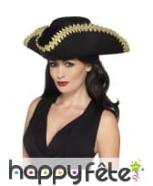 Tricorne noir brodé doré de pirate, image 1