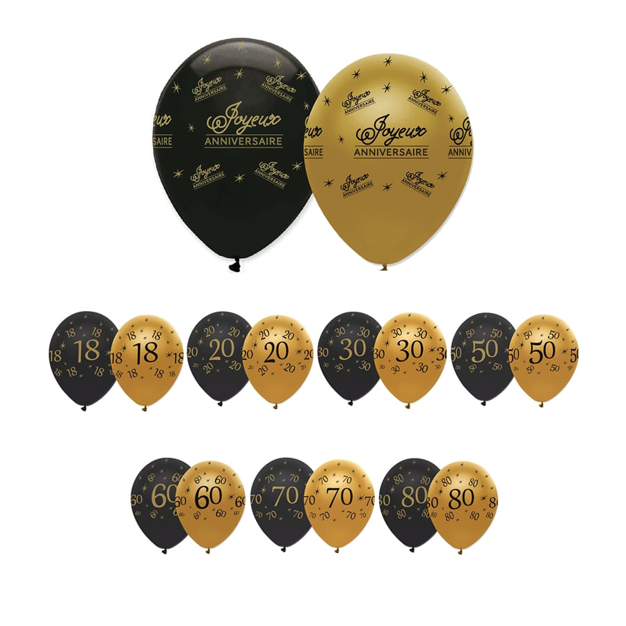 6 Ballons d'anniversaire noir et or