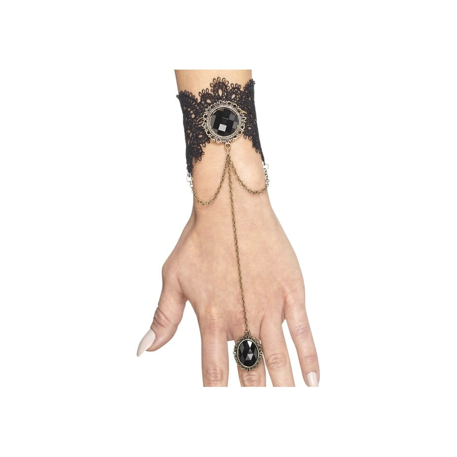 Bracelet Gothique Lolita Bleu Clair Avec Dentelle Et Strass - Inclut Une Bague Réglable Assortie, Neuf