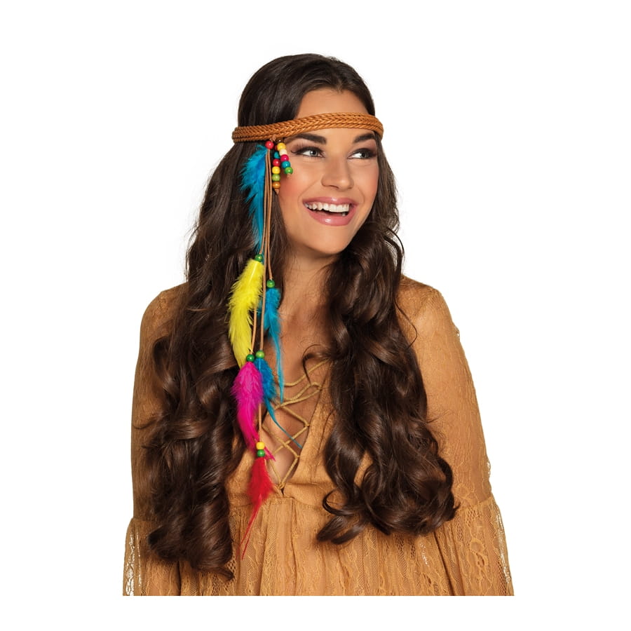 Bandeau marron d'indien avec plumes colorées
