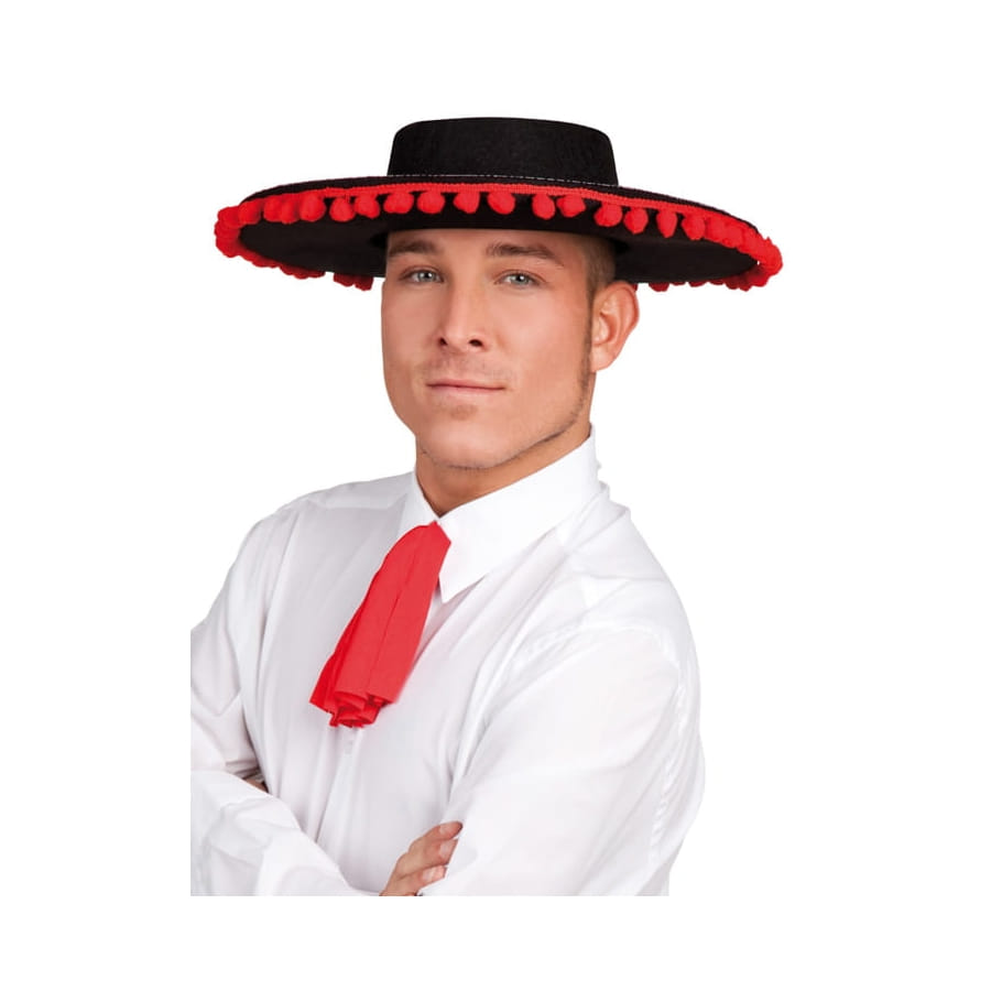 Chapeau espagnol en feutrine noir, bord rouge