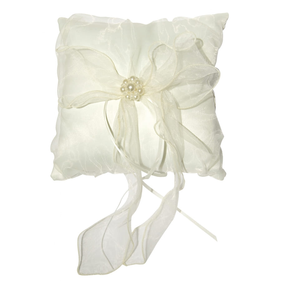 Coussin Pour Alliances 20x20 Cm - Nœud Double Ivoire/marron, Satin | Accessoire De Mariage, Porte-alliances