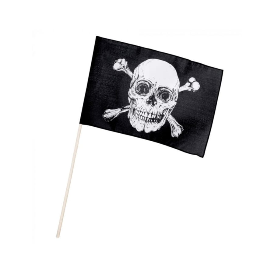 Drapeau noir de pirate sur tige en bois 45 x 30cm Drapeau noir de pirate sur tige en bois 45 x 30cm