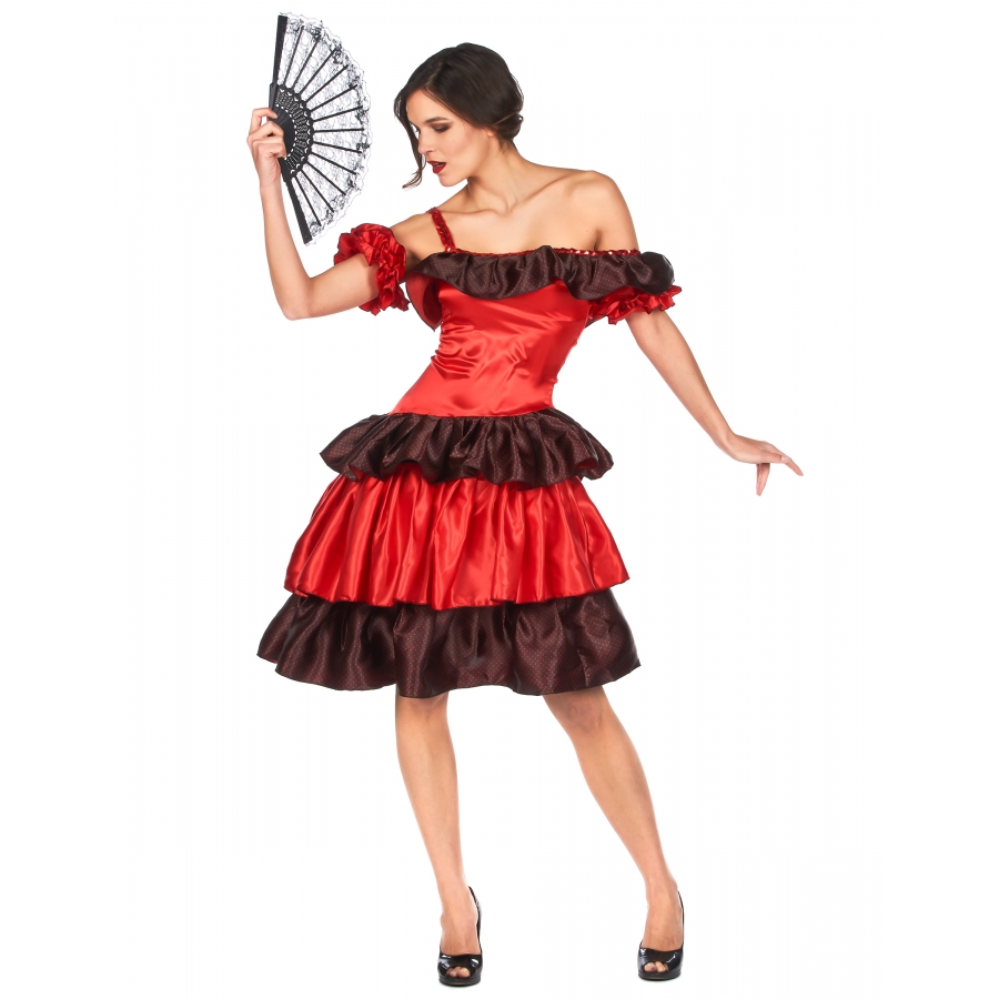 36 Krause & Sohn Costume pour Femme Mme Robe Andalousie Espagnole Espagnole Flamenco Rouge Noire Argentine Danseuse 